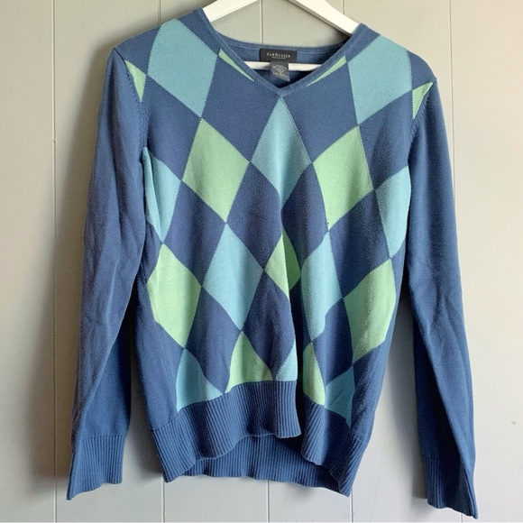 VAN HEUSEN Preppy Argyle V neck Pullover Sweater M - Picture 1 of 3